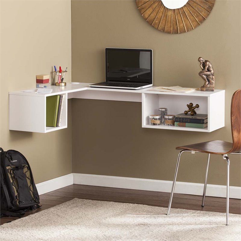 Scranton & Co Wall Mount Corner Floating Desk In White – Sc 1648021 Pertaining To Cinnamon Off White Floating Office Desks (Photo 15 of 15)