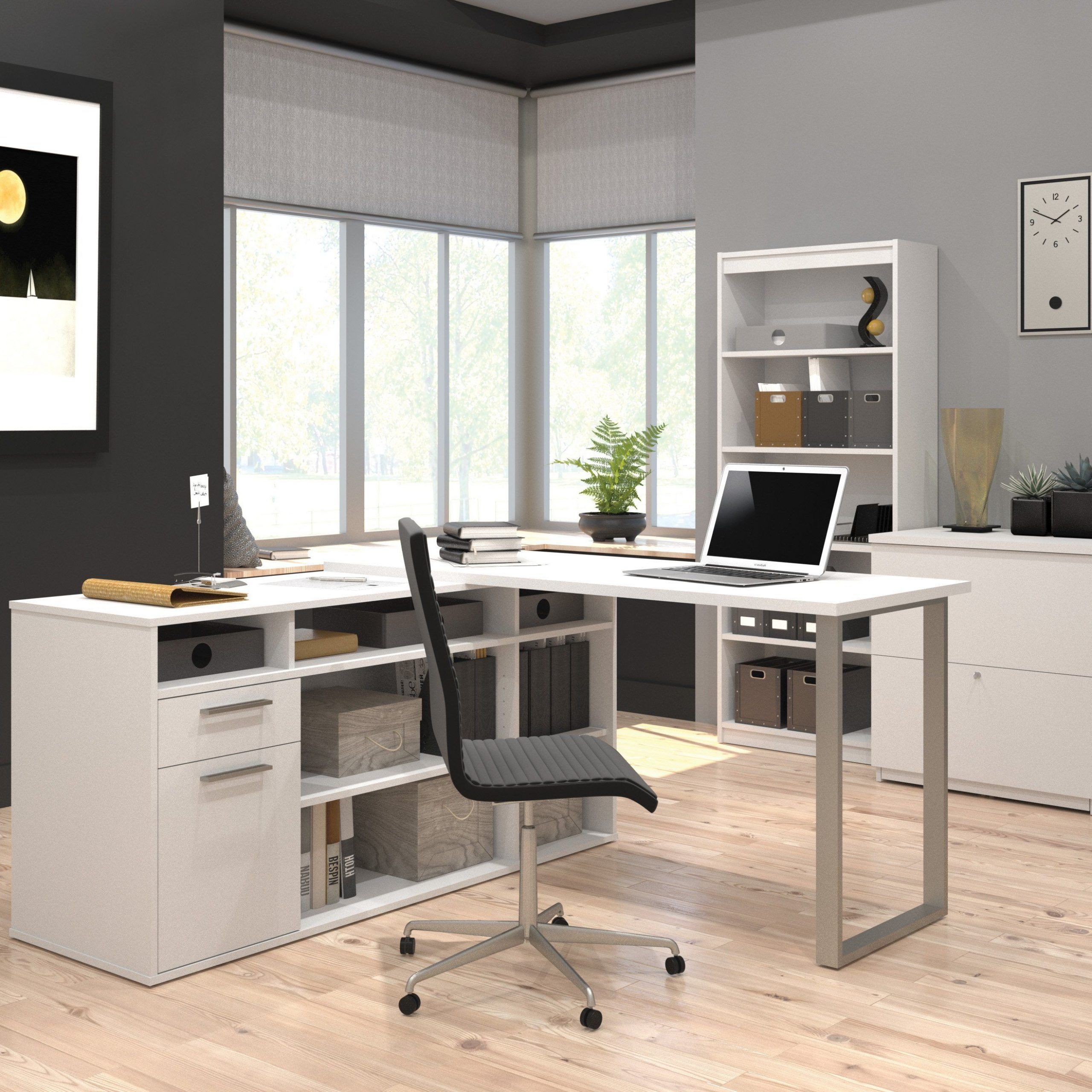 Set Of 3: L Shaped Desk, Lateral File, & Bookcase In White Finish Regarding White Finish Office Study Work Desks (View 4 of 15)