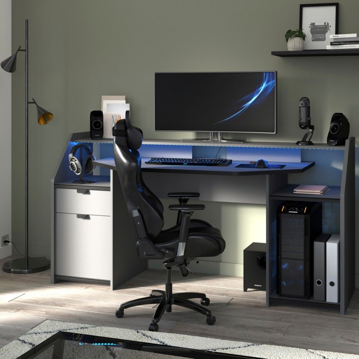 Setup Large Grey Gaming Desk With Leds With Large Frosted Glass Aluminum Desks (View 3 of 15)