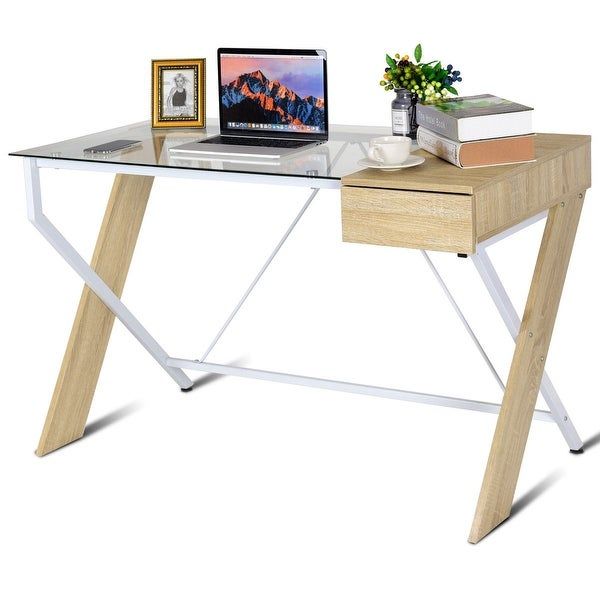 Shop Costway Clear Glass Top Computer Desk Wood Metal Frame With Drawer For Glass White Wood And Black Metal Office Desks (View 13 of 15)