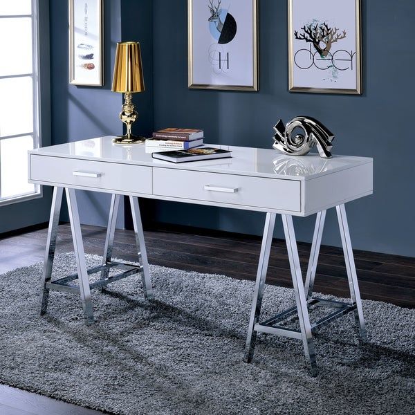 Shop Furniture Of America Beya Modern 54 Inch Gloss Angled Writing Desk In Glossy White And Chrome Modern Desks (View 5 of 15)