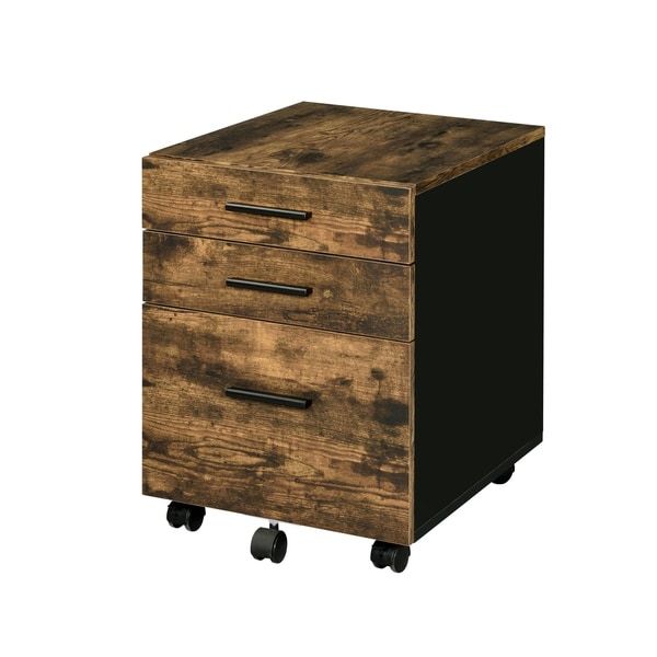 Shop Industrial 3 Drawer Wooden File Cabinet With Caster Support,brown Intended For Brown And Matte Black 3 Drawer Desks (View 5 of 15)