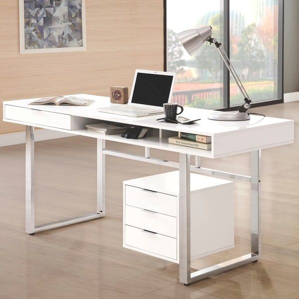 Shop Modern Design Home Office Glossy White And Chrome Computer Writing Intended For White Wood Modern Writing Desks (Photo 12 of 15)