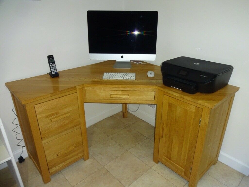 Solid Oak Corner Desk With 2 A4 File Drawers, Keyboard Drawer And With Regard To Corner Desks With Keyboard Shelf (View 9 of 15)