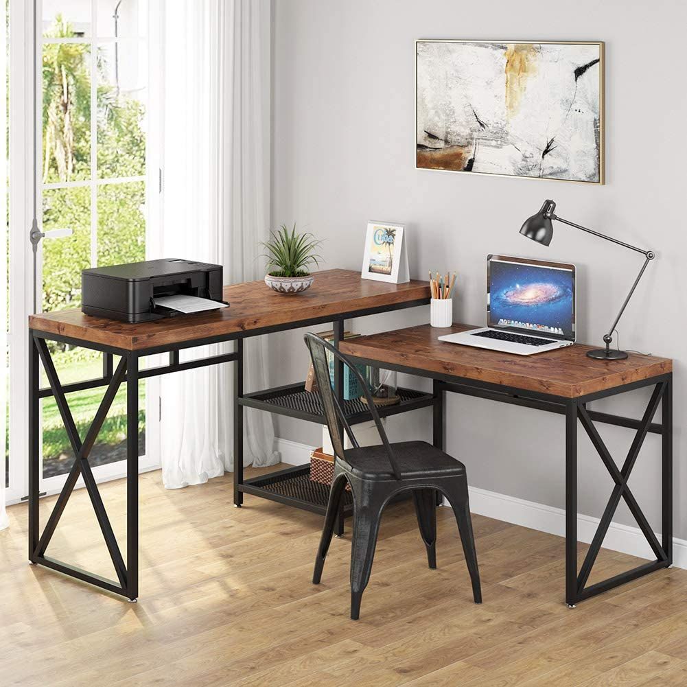 Solid Wood L Shaped Desk, 59 Inches Industrial Sit Standing L Desk With Intended For Black Wood And Metal Office Desks (View 3 of 15)