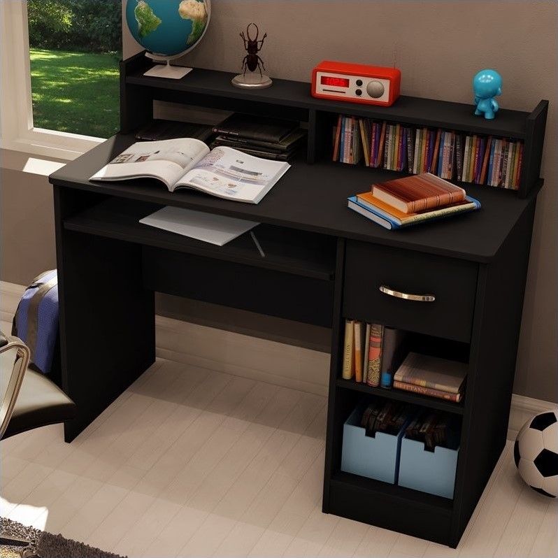 South Shore Axess Small Wood Computer Desk With Hutch In Pure Black Intended For Elm Wood Black Desks (View 3 of 15)