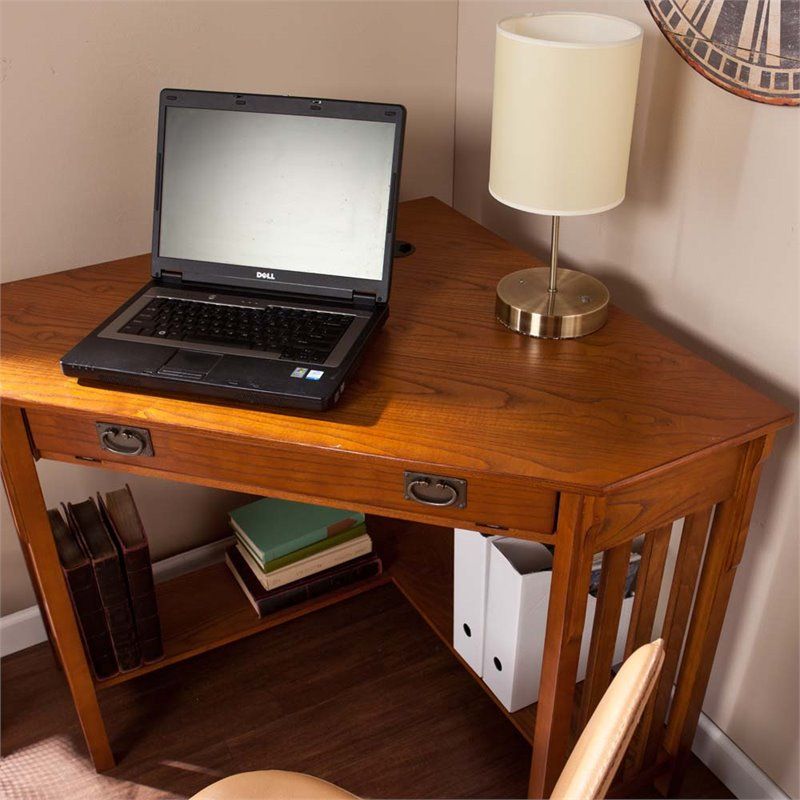 Southern Enterprises Corner Computer Desk In Mission Oak – Ho6641 With Regard To Oak Corner Computer Desks (View 15 of 15)