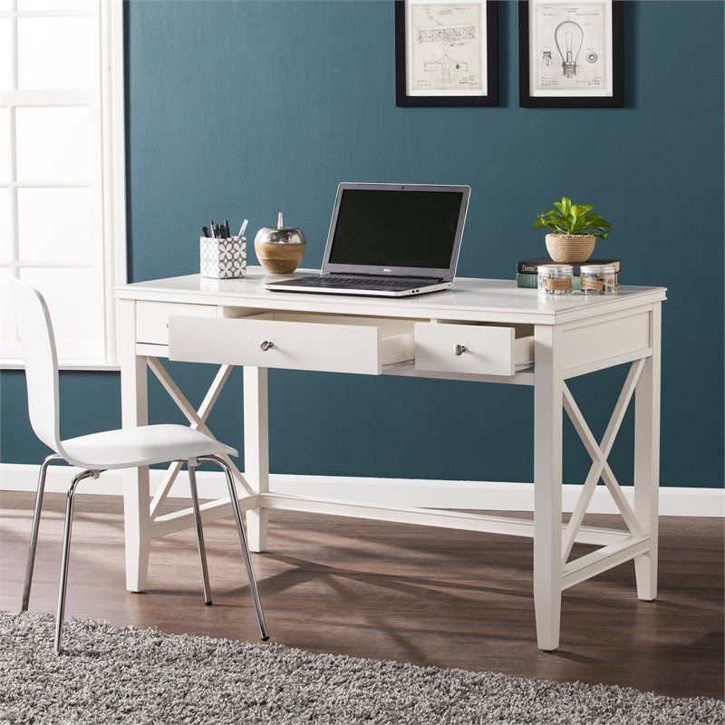 Southern Enterprises Larksmill Farmhouse Writing Desk In White – Ho2541 Intended For Aged White Finish Wood Writing Desks (View 6 of 15)