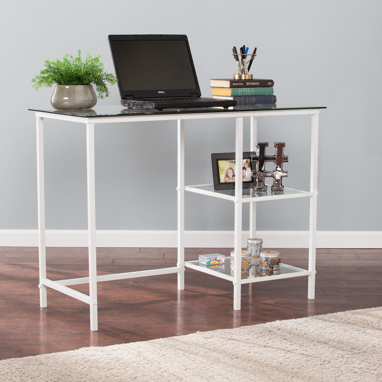 Southern Enterprises Layton Metal/glass Student Desk – White – Walmart With Glass White Wood And Black Metal Office Desks (View 14 of 15)