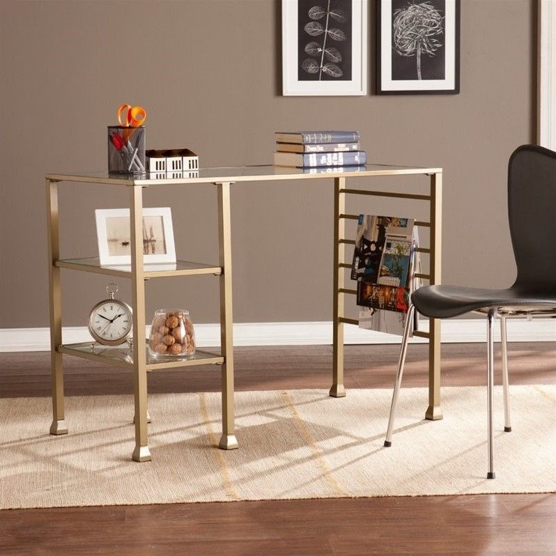 Southern Enterprises Metal Glass Writing Desk In Gold – Ho3776 With Regard To Black And Gold Writing Desks (View 7 of 15)