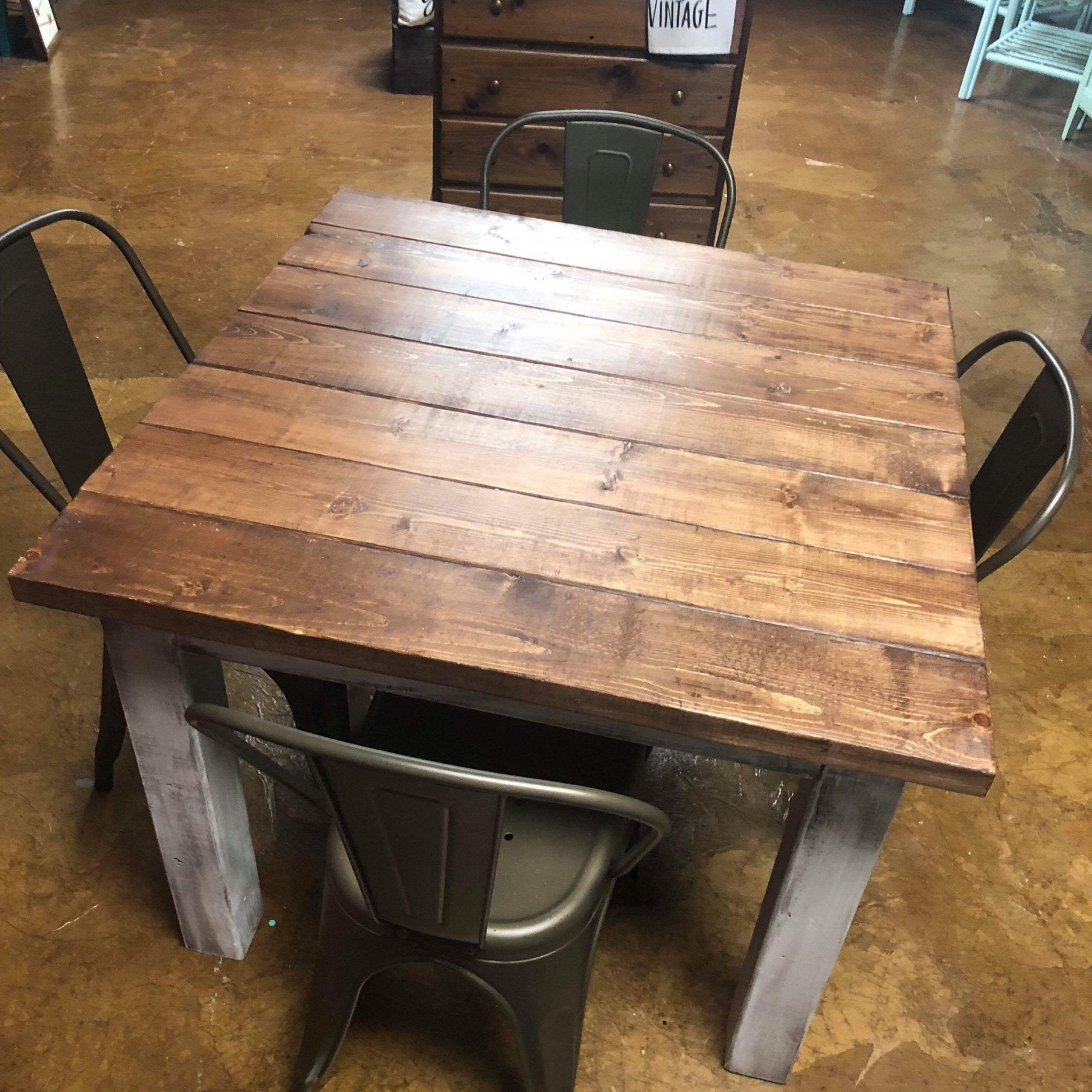 Square Farmhouse Table With Metal Chairs, Rustic Farmhouse Table Set Pertaining To Distressed Brown Wood 2 Tier Desks (View 14 of 15)