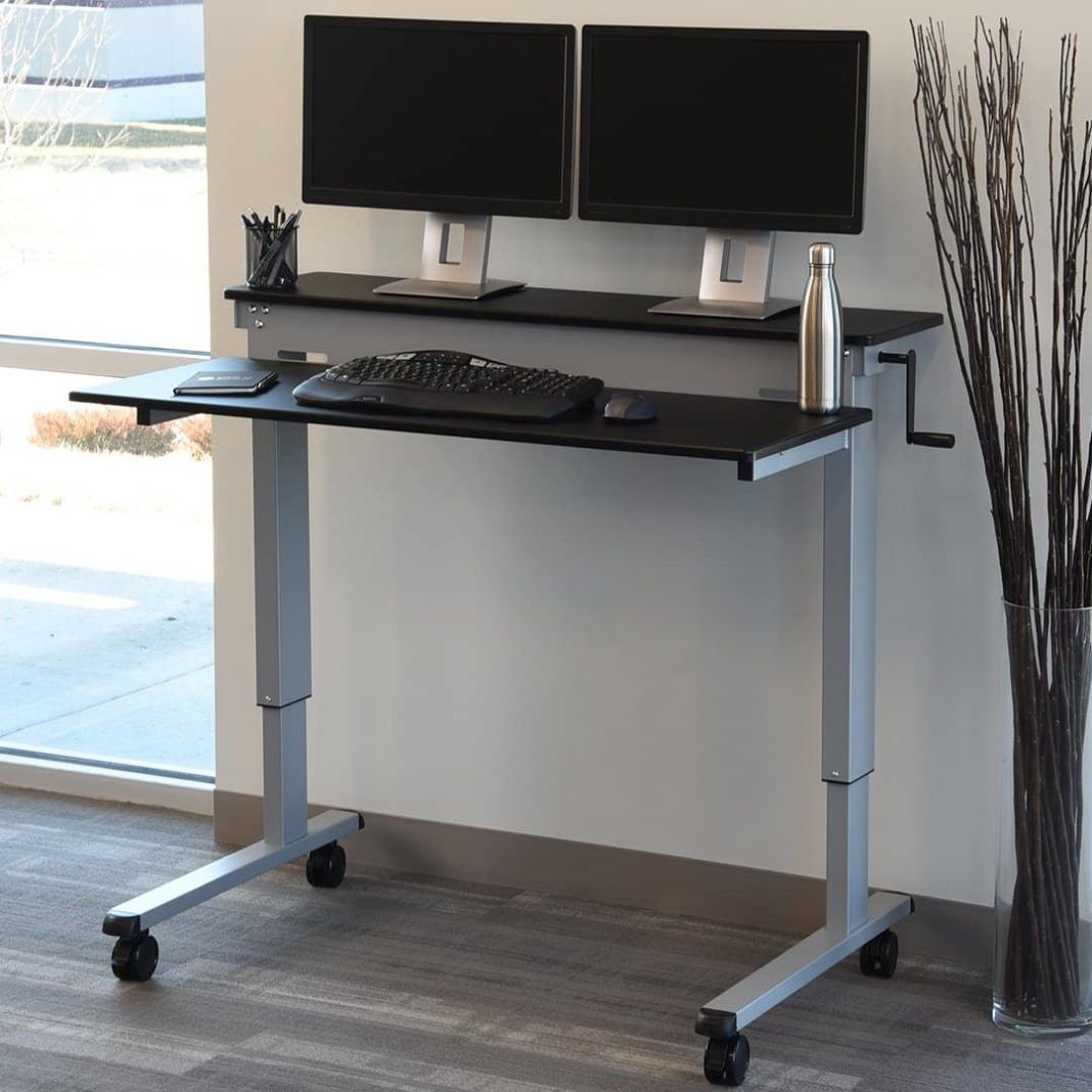 [stand Up Desk Store] Crank Adjustable Sit To Stand Two Tier Desk With Within Espresso Adjustable Stand Up Desks (View 5 of 15)