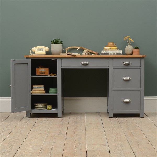Sussex Storm Grey Double Pedestal Desk – The Cotswold Company Throughout Gray Reversible Desks With Pedestal (View 5 of 15)