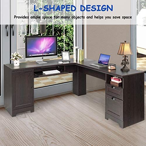 Tangkula 66″ × 66″ L Shaped Desk, Corner Computer Desk, With Drawers Throughout Brown And Yellow Corner Desks (View 8 of 15)