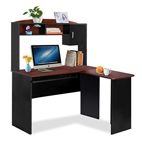 Tangkula L Shaped Desk Corner Desk, Home Office Wood Workstation Space Regarding Matte Black Corner Desks With Keyboard Shelf (View 7 of 15)