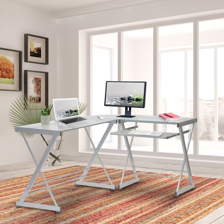 Techni Mobili L Shaped Tempered Glass Top Computer Desk With Pull Out With Regard To Corner Desks With Keyboard Shelf (View 13 of 15)