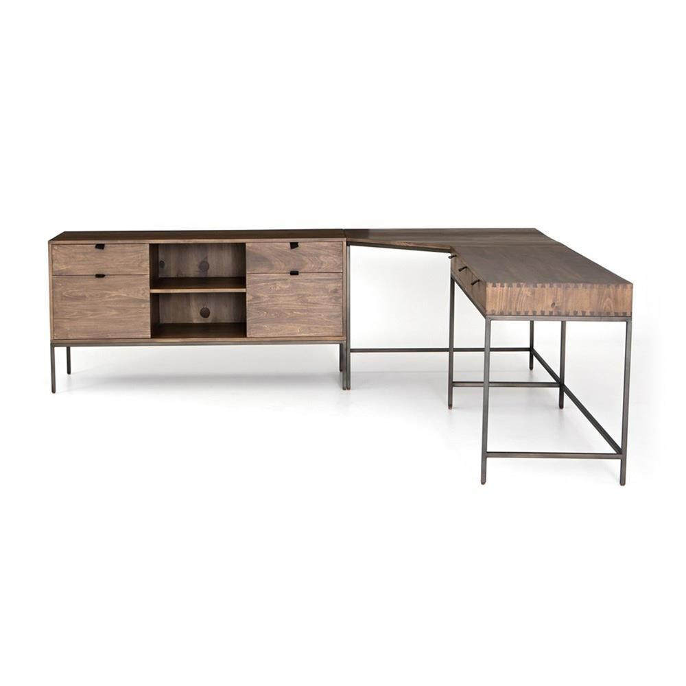 Theodore Industrial Loft Brown Wood Iron Corner Desk Set | Kathy Kuo Home Within Distressed Brown Wood 2 Tier Desks (View 7 of 15)