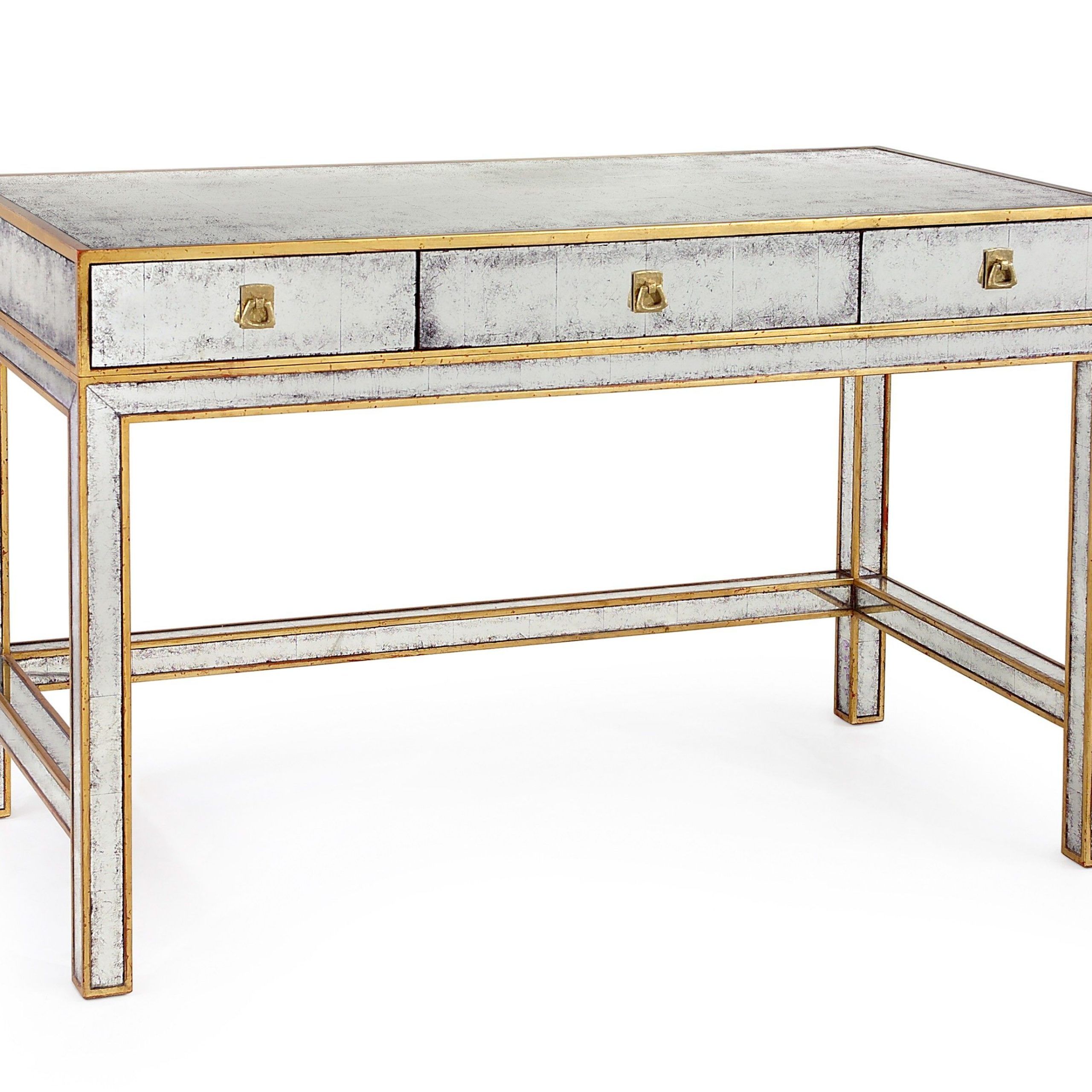 Three Drawer Writing Desk With Eglomise And Gold Leaf | Writing Table Inside Gold And Wood Glam Modern Writing Desks (View 5 of 15)