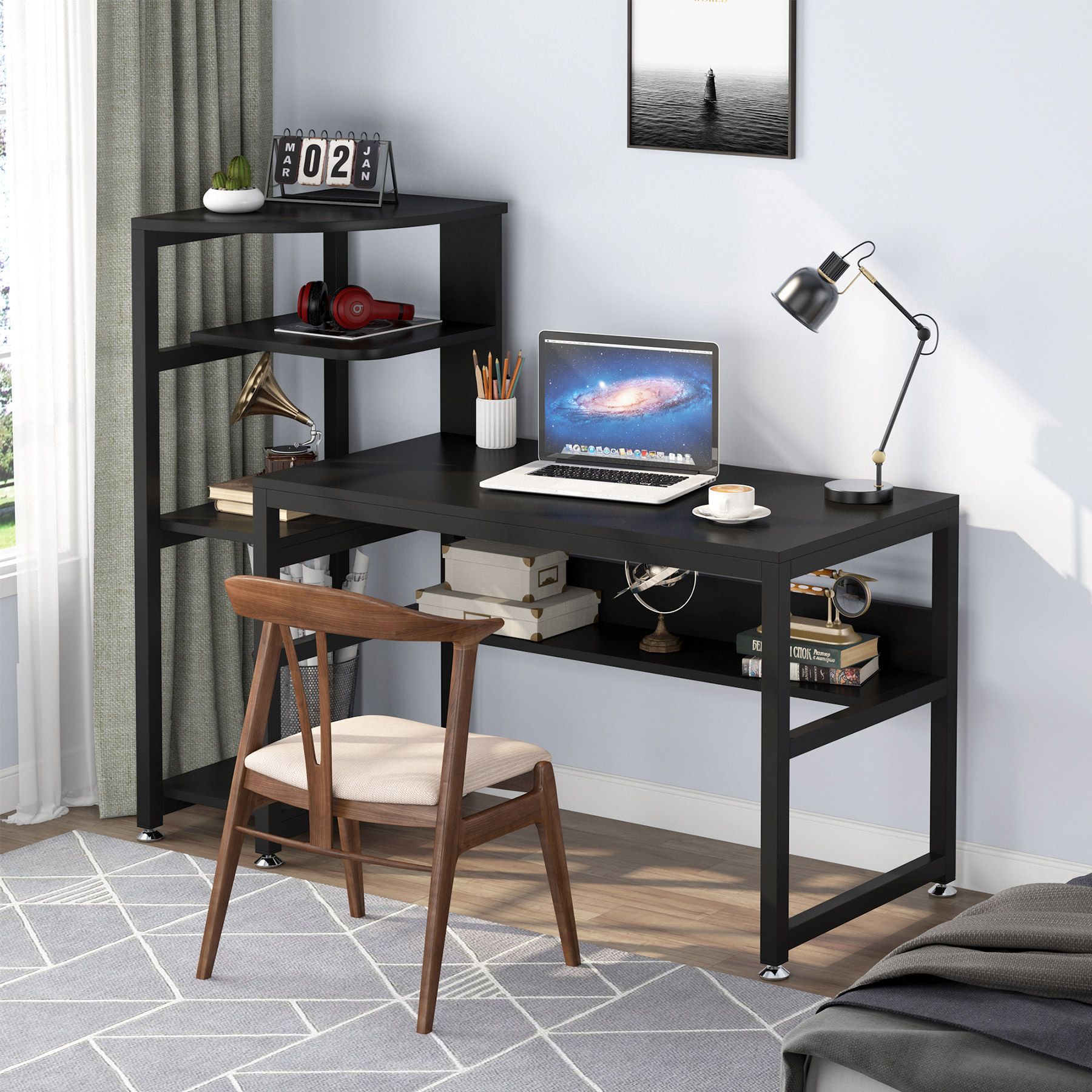 Tribesigns Computer Desk With 4 Tiers Shelves And Hutch, Modern 58 Inch Intended For Black Finish Modern Computer Desks (View 3 of 15)