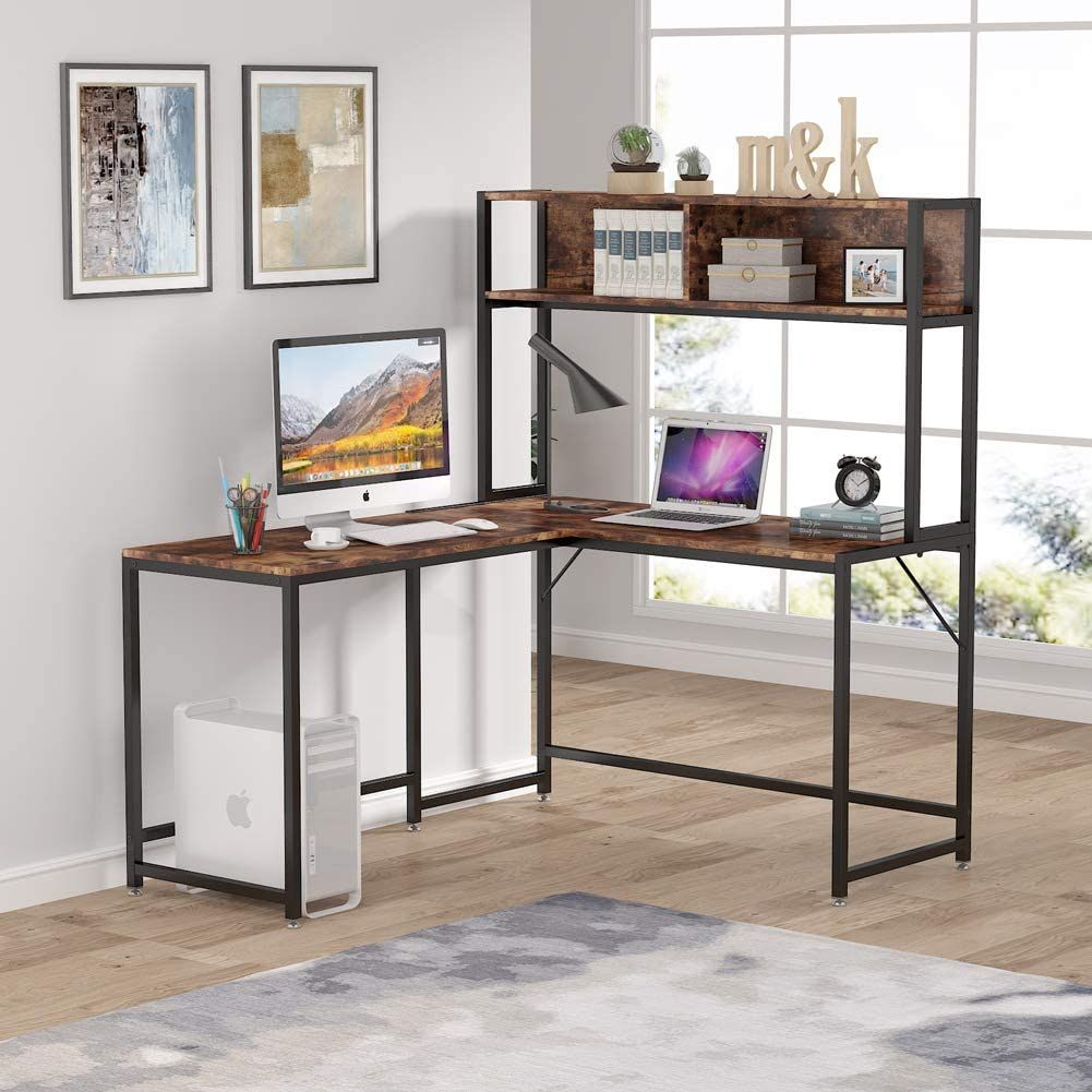 Tribesigns L Shaped Desk With Hutch Bookshelf, 55 Inches Metal And Wood Inside Rustic Brown Corner Desks (View 9 of 15)