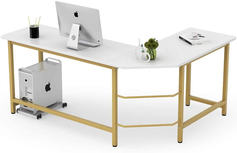 Tribesigns Modern L Shaped Desk, Corner Computer Office Desk Pc Laptop For Tempered Glass And Gold Metal Office Desks (View 3 of 15)