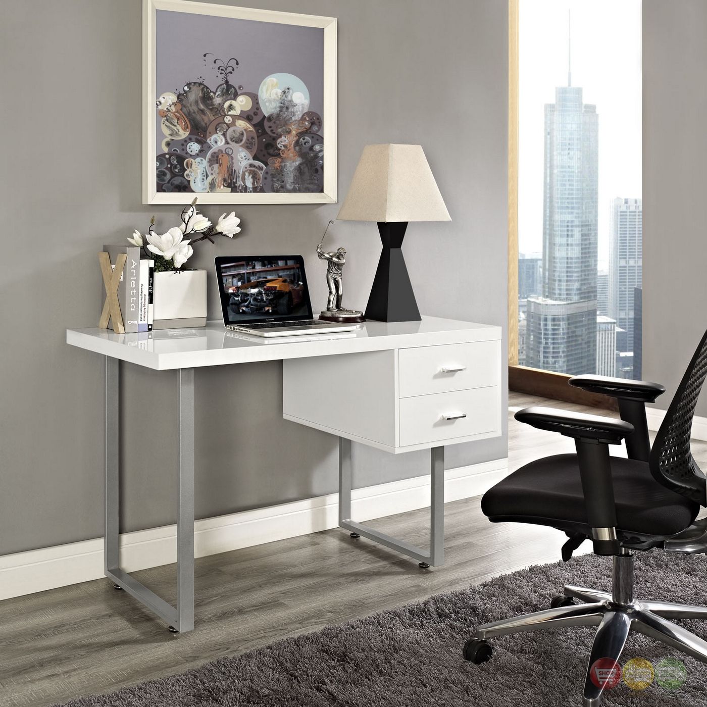Turn Contemporary 2 Drawer Office Desk With High Gloss Finish, White For White Finish Office Study Work Desks (View 9 of 15)