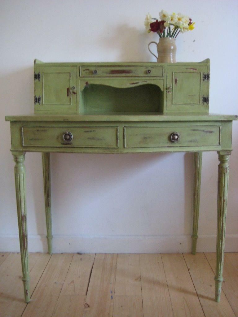 Unique Writing Desk In Sage Green Distressed Shabby Chic Style | In Throughout Gold And Olive Writing Desks (View 6 of 15)