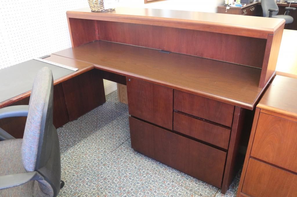 Used Office Desks : Kimball U Group Desk Dark Walnut Veneer Hutch At Within Glass White Wood And Walnut Metal Office Desks (View 3 of 15)