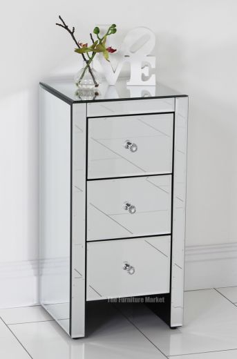Venetian Mirrored Glass 3 Drawer Slim Bedside Table – Bedroom Furniture Inside 3 Drawer Mirrored Small Desks (View 8 of 15)