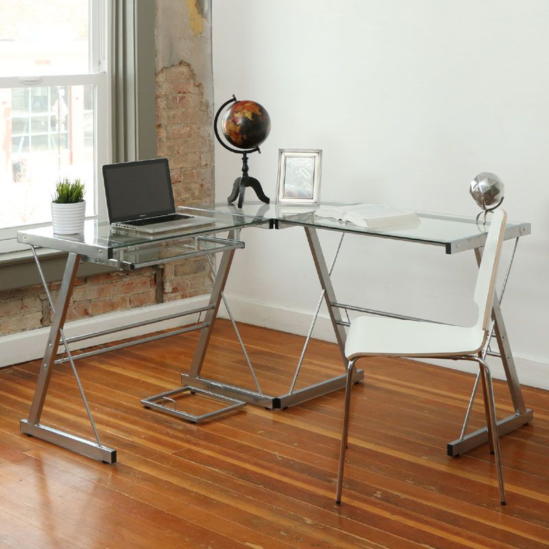 Walker Edison 3 Piece Contemporary Desk Silver With Clear Glass D51l29 With Regard To Black And Silver Modern Office Desks (View 9 of 15)