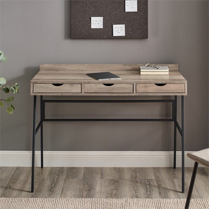 Walker Edison 42" Engineered Wood 3 Drawer Angled Front Desk In Gray Inside Gray Wash Wood Writing Desks (View 15 of 15)