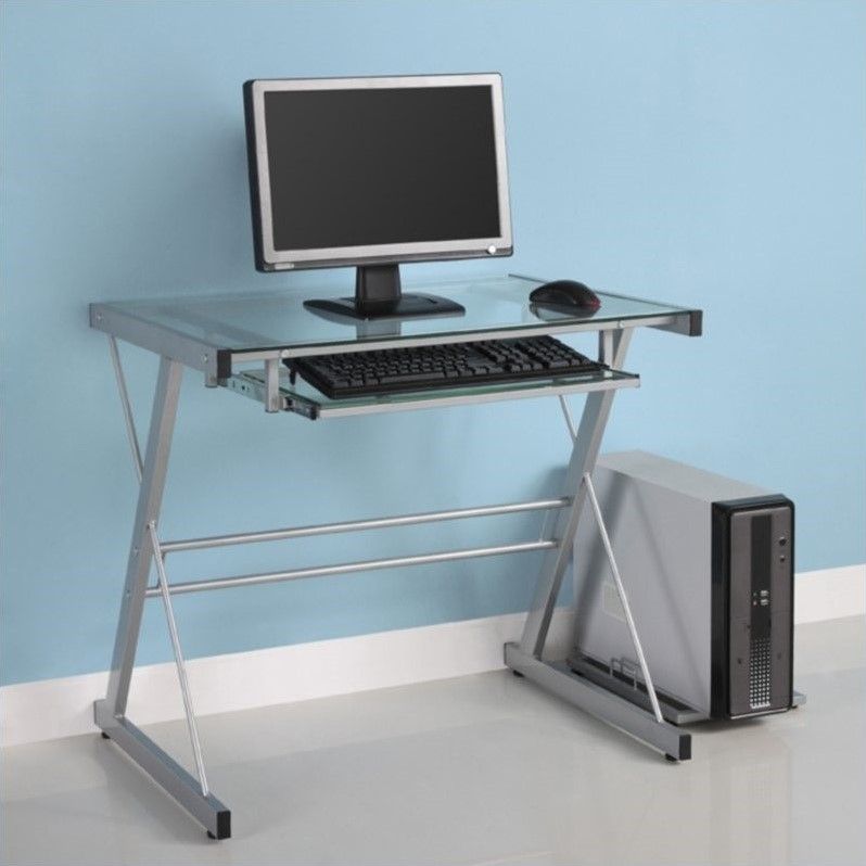 Walker Edison Solo Small Glass Top Computer Desk In Silver – D31s29 With Regard To Large Frosted Glass Aluminum Desks (View 6 of 15)