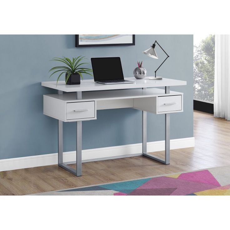White And Silver Small Office Desk | White Computer Desk, Contemporary With White Glass And Natural Wood Office Desks (View 10 of 15)