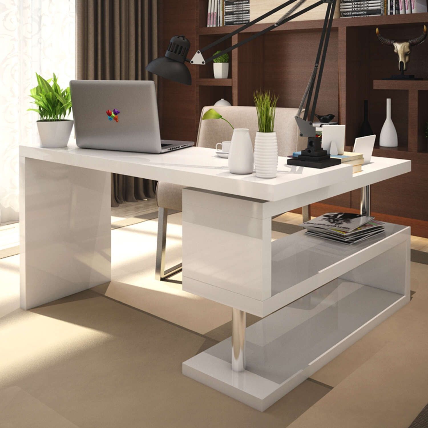 White High Gloss Office Desk – Real Wood Home Office Furniture Check In White Wood 1 Drawer Corner Computer Desks (Photo 15 of 15)