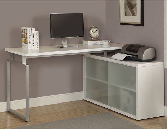 White L Shaped Desk With Frosted Glass – Contemporary – Desks And For Aluminum And Frosted Glass Desks (View 7 of 15)