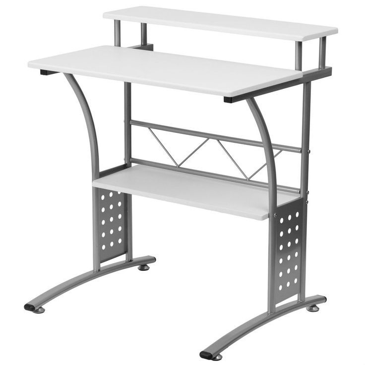 White Metal Frame Computer Desk Laminate Top/ Raised Shelf | White For Natural Wood And White Metal Office Desks (View 12 of 15)