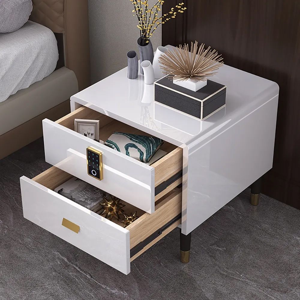 White Nightstand Luxury Intelligent Lock 2 Drawer Lacquered Bedside Table For White Lacquer 2 Drawer Desks (View 3 of 15)