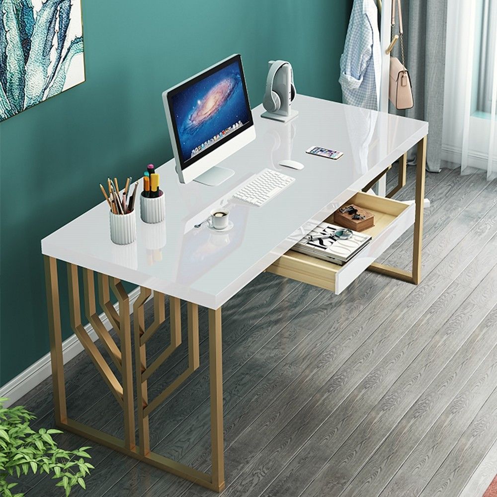 White Rectangular Writing Desk Modern Computer Desk Pine&metal In 2021 For Gold Metal Rectangular Writing Desks (View 13 of 15)