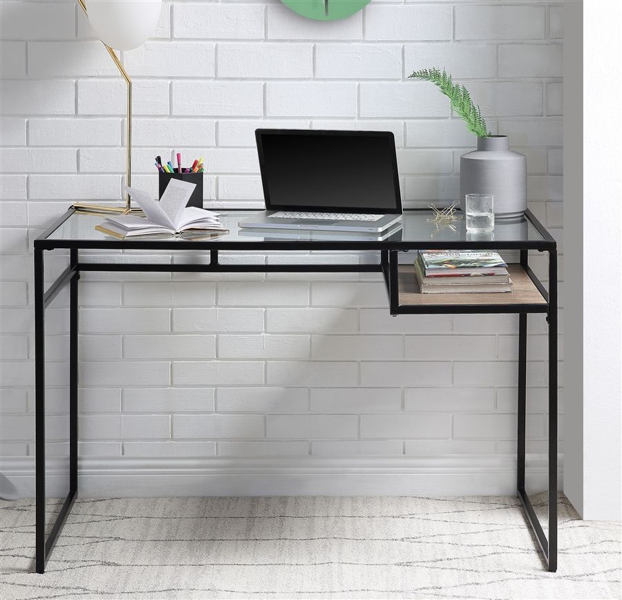 Yasin Executive Home Office Desk In Black & Glass Finishacme – 92580 Regarding Black Glass And Natural Wood Office Desks (View 13 of 15)