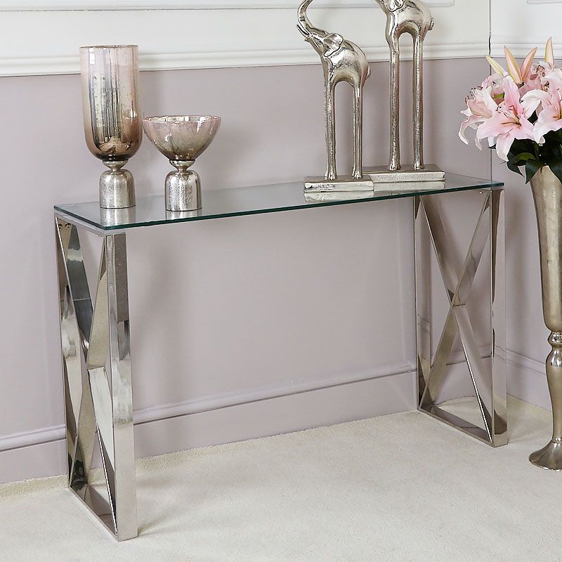 Zenn Contemporary Stainless Steel Clear Glass Console Hall Table With Regard To Stainless Steel And Glass Modern Desks (Photo 12 of 15)