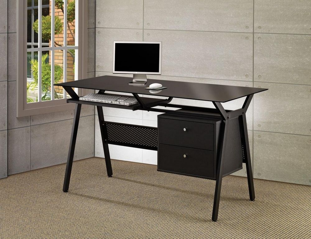 Zlatica Black Wood Computer Desk With Black Glass Topcoaster In Black Finish Modern Computer Desks (View 1 of 15)