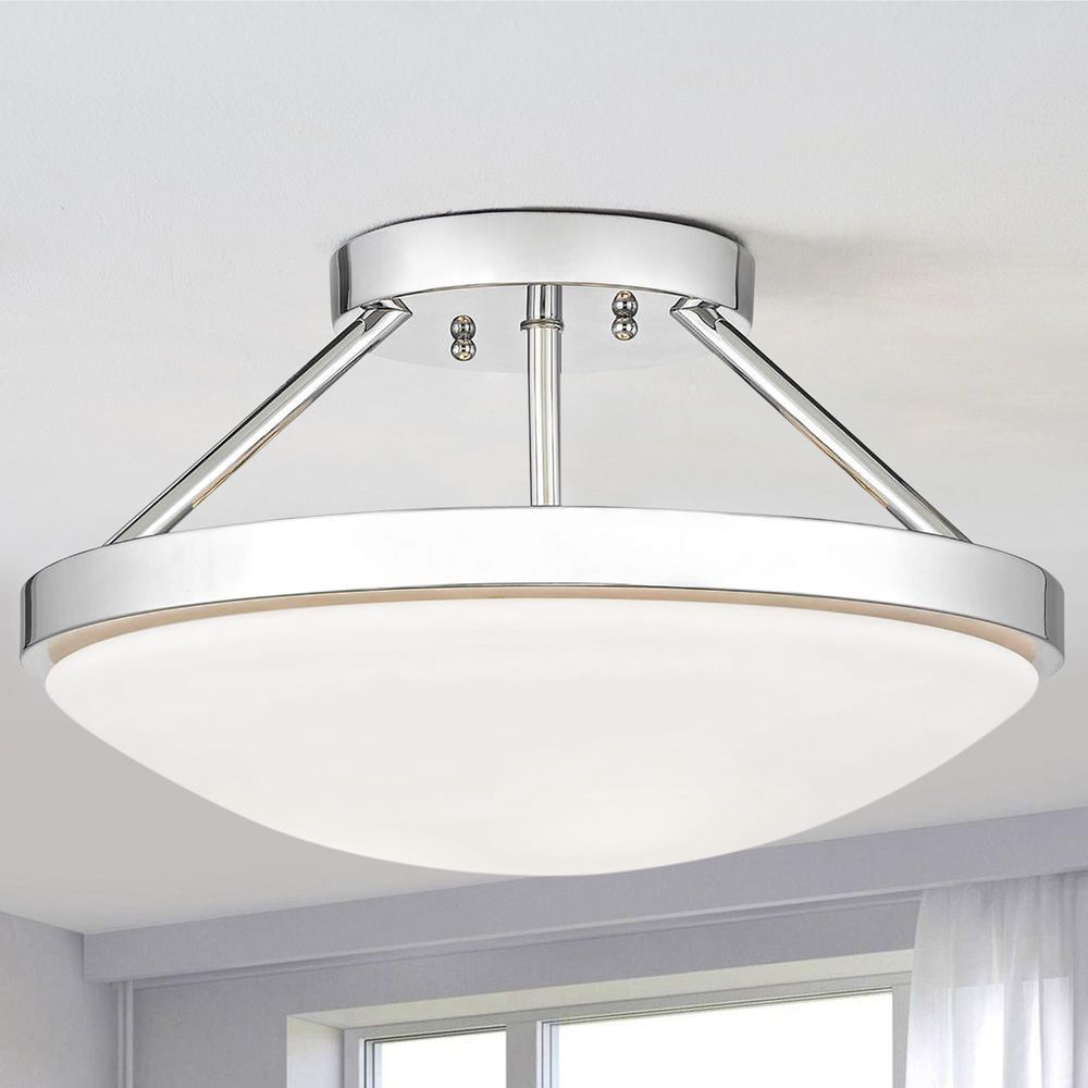 15 Inch Chrome Semi Flushmount Ceiling Light With Satin White Glass Pertaining To Ceiling Hung Satin Chrome Wall Mirrors (View 6 of 15)