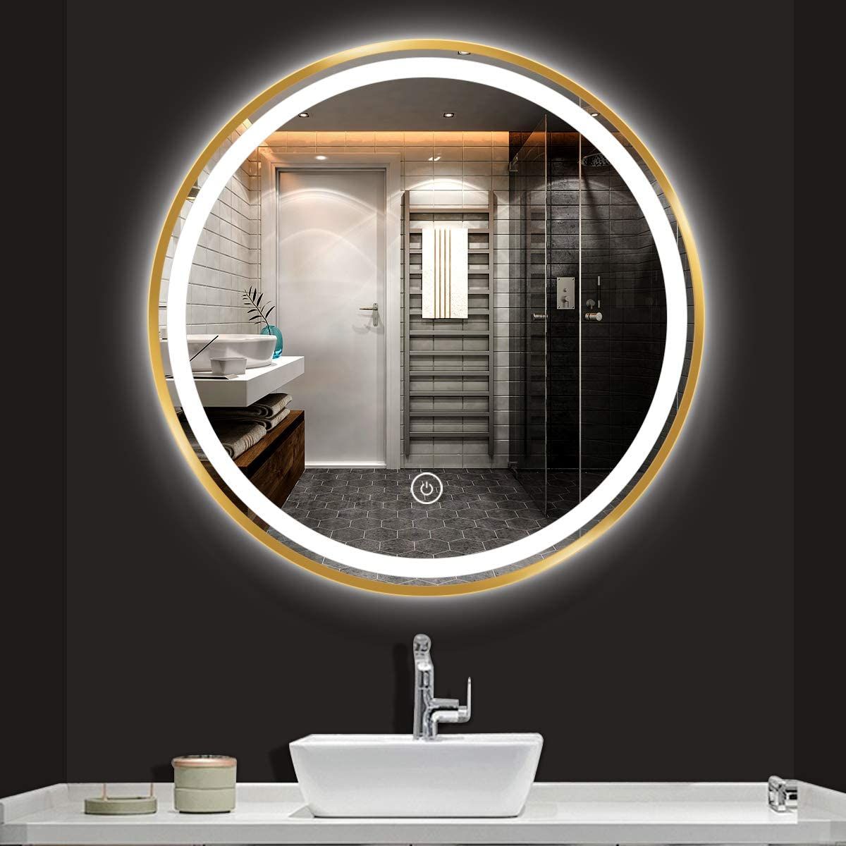 24 Inch Round Led Bathroom Mirror Golden Frame Vanity Mirror With Touch With Regard To Vanity Mirrors (View 8 of 15)