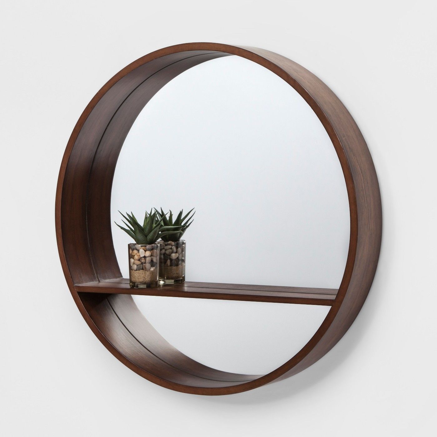 24" Walnut Round Barrel Decorative Wall Mirror With Shelf Brown Intended For Walnut Wood Wall Mirrors (View 9 of 15)