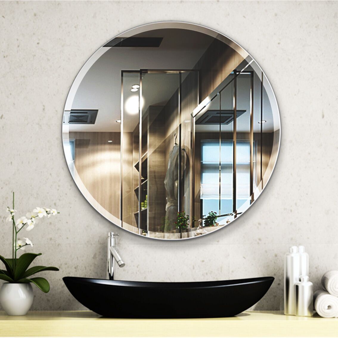 28 Inch Round Frameless Mirror Large Beveled Wall Mirror | Mirror Wall In Crown Frameless Beveled Wall Mirrors (View 9 of 15)