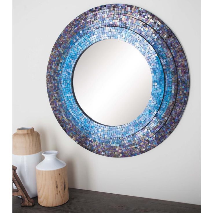 30 In. Dia Blue Mosaic Framed Mirror 97975 – The Home Depot | Framed Intended For Blue Wall Mirrors (Photo 3 of 15)