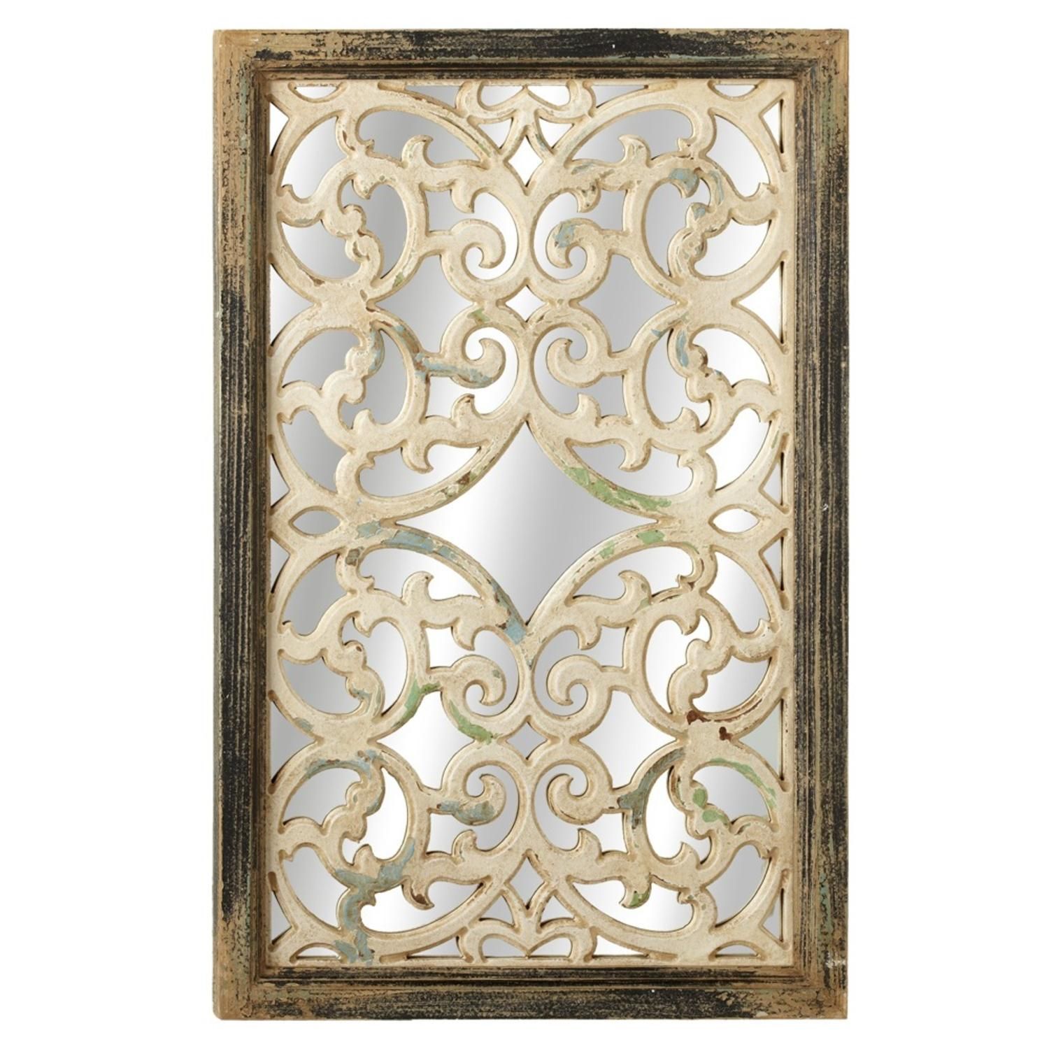 34" Black And White Scroll Inlaid Distressed Wooden Framed Wall Mirror Intended For Black Wood Wall Mirrors (View 4 of 15)