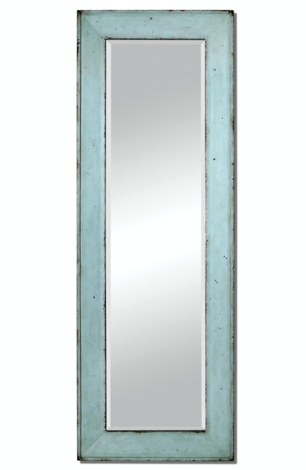 75" Beveled Rectangular Wall Mirror With Light Blue Distressed Pine For Rectangle Pewter Beveled Wall Mirrors (View 7 of 15)