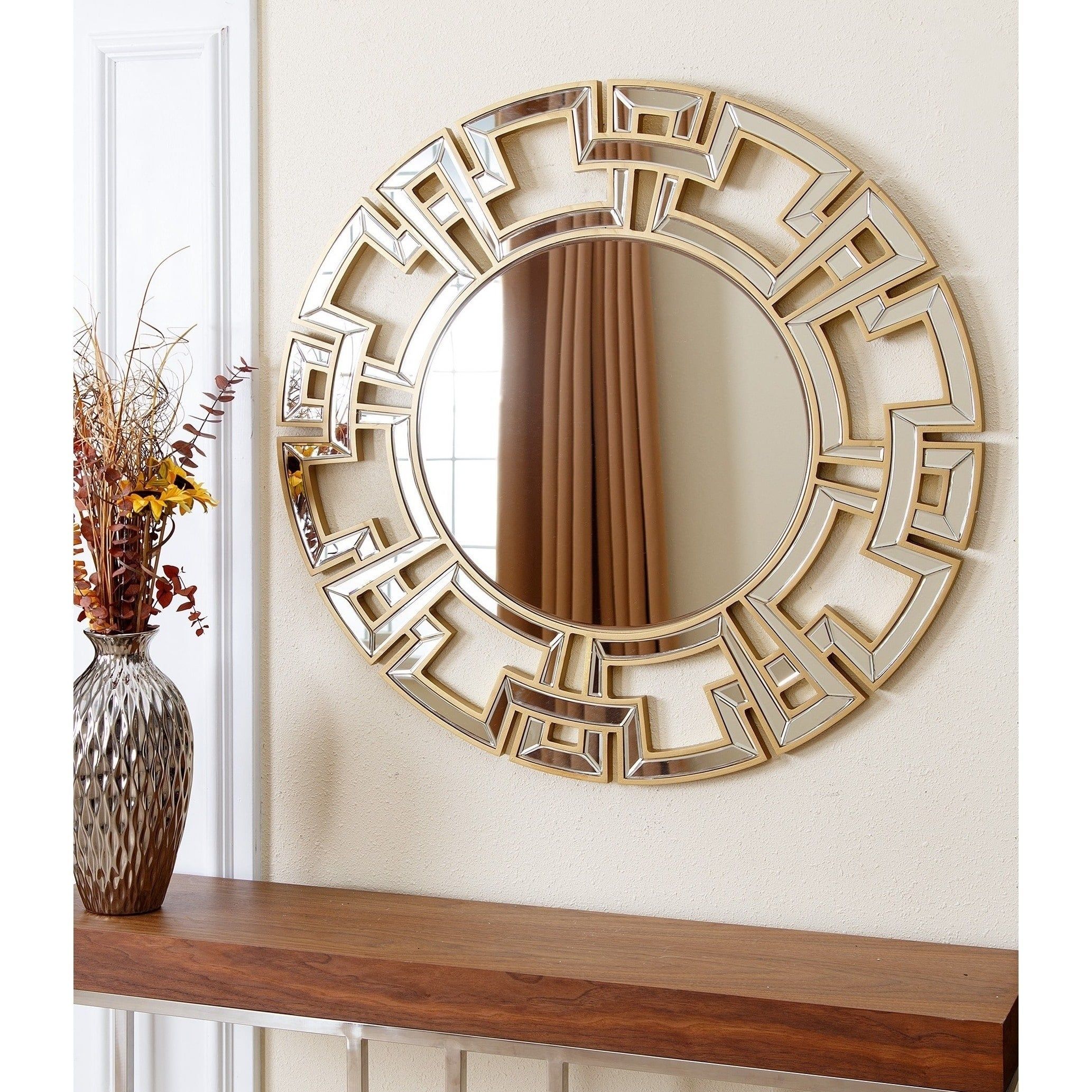 Abbyson Wall Mirror Accent Gold Wood Round Crafted Entryway Mounted Inside Organic Natural Wood Round Wall Mirrors (View 15 of 15)