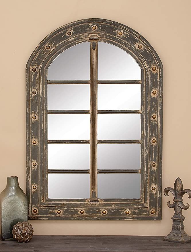 Amazon: Deco 79 Rustic Wooden Arched Window Framed Wall Mirror, 48 In Distressed Dark Bronze Wall Mirrors (View 12 of 15)